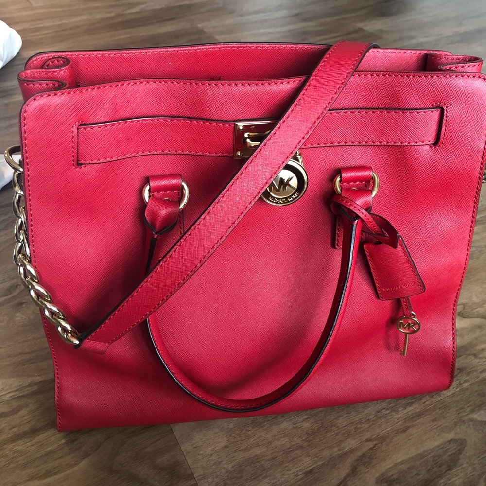 Michael Kors red Hamilton tote purse